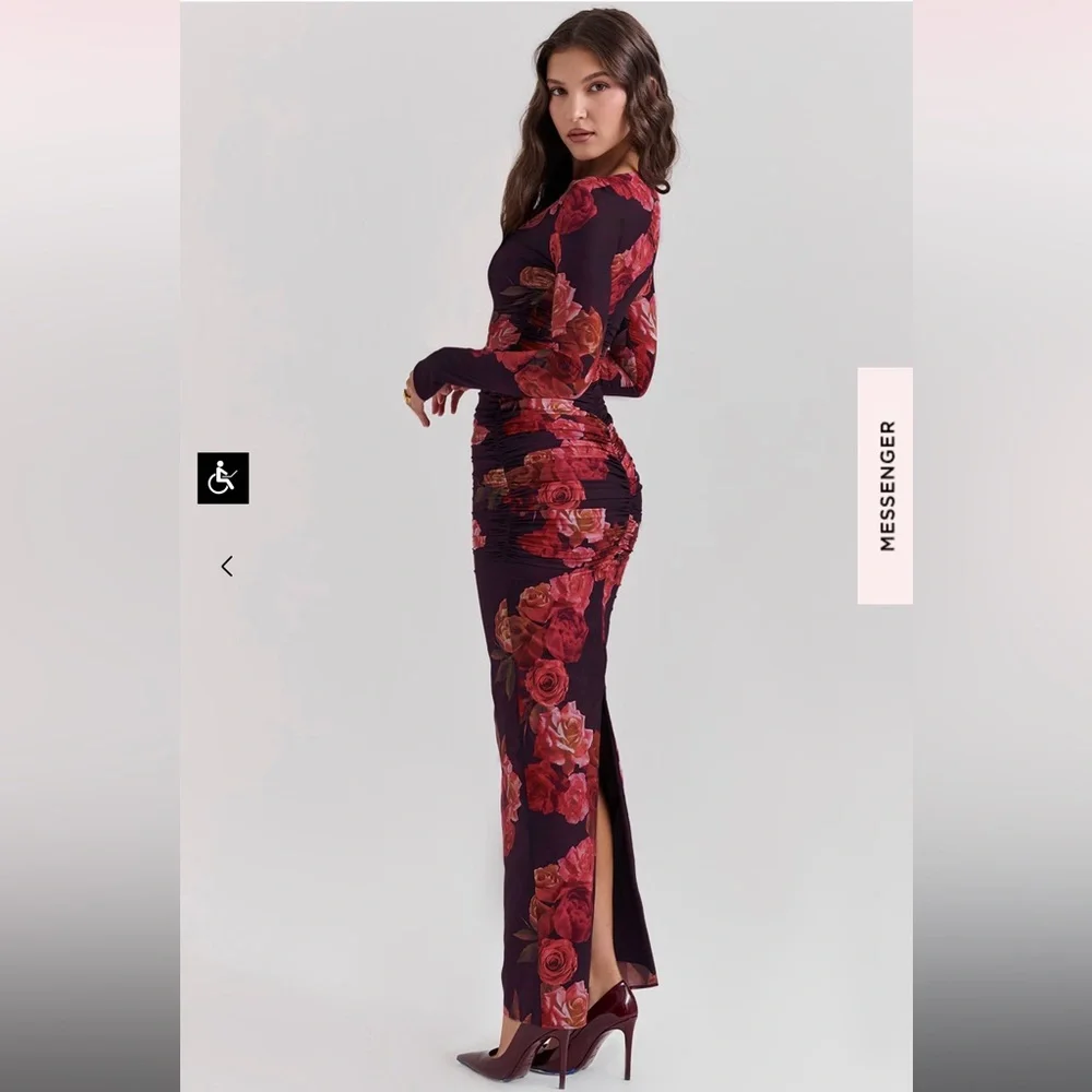 House of CB Lanetta Ruched Long Sleeve Maxi Dress Romantic Floral - Picture 2 of 9